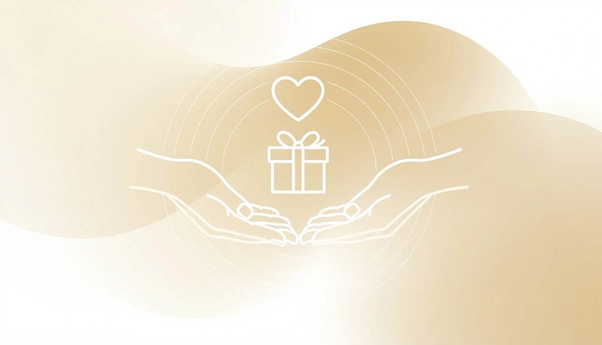 Pale gold gradient illustration with white line-art cupped hands offering a gift box, heart, and radiating circles