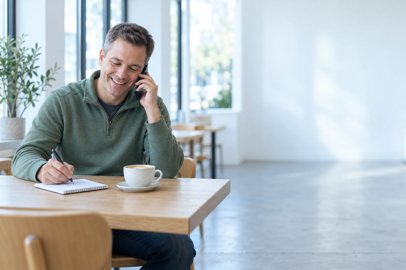 A church volunteer smiles while calling a first-time guest, taking notes at a table in a bright room