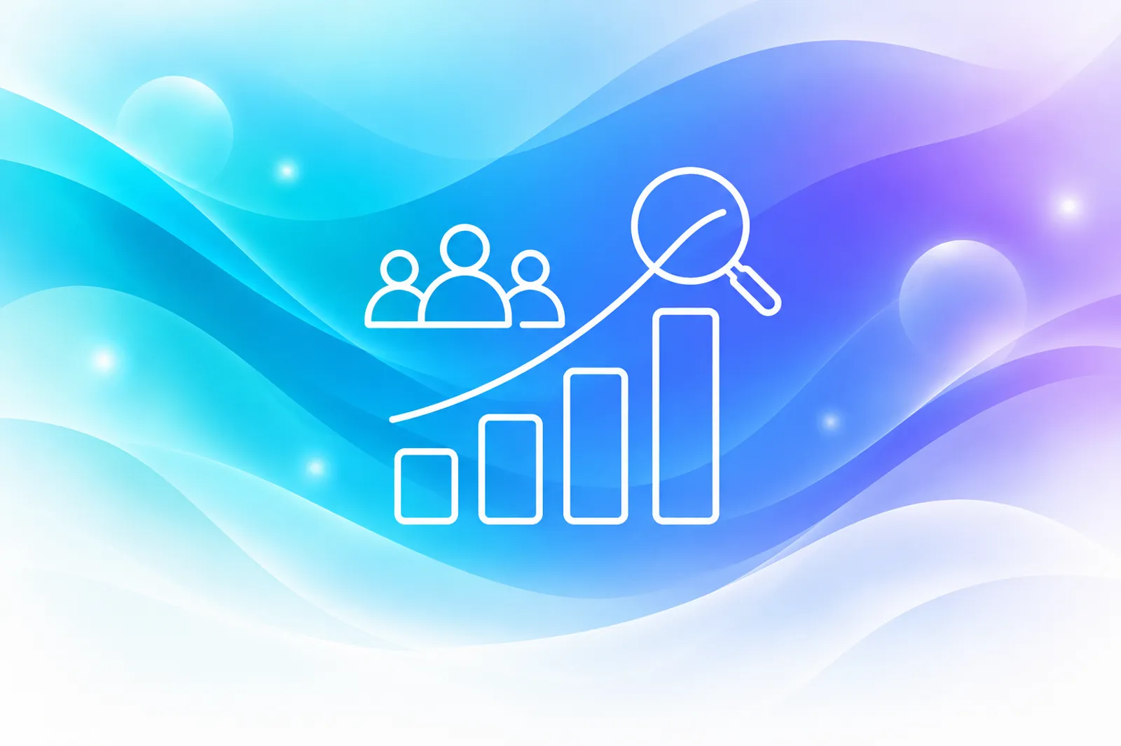 Line art of a small group of people beside a rising bar chart and a magnifying glass, on a cyan and violet wash