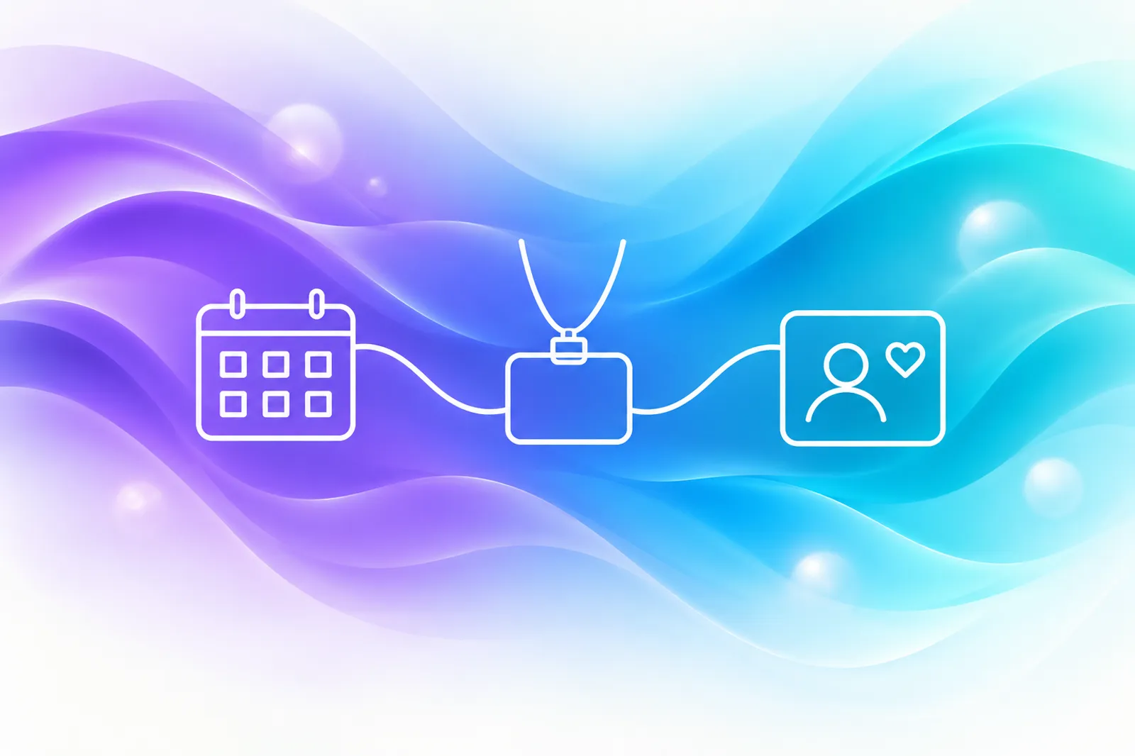 Line art of a calendar and a lanyard badge linked to a guest card with a heart, over a violet-to-cyan gradient