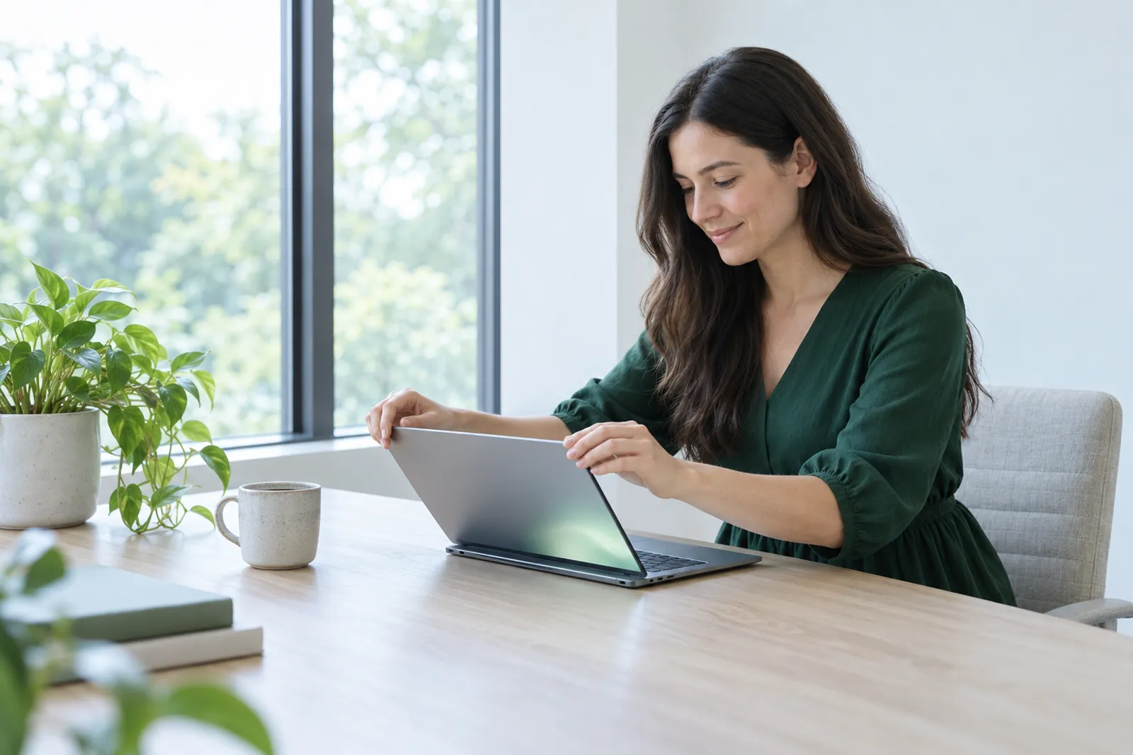 A church administrator opens her laptop at a bright office table, ready to set up guest follow-up