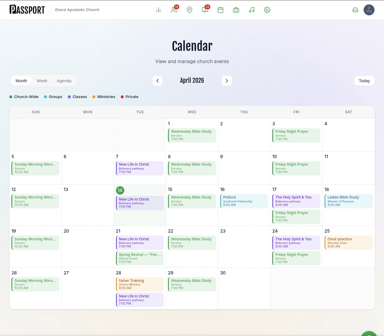 Monthly calendar view with color-coded events for groups, classes, and ministries