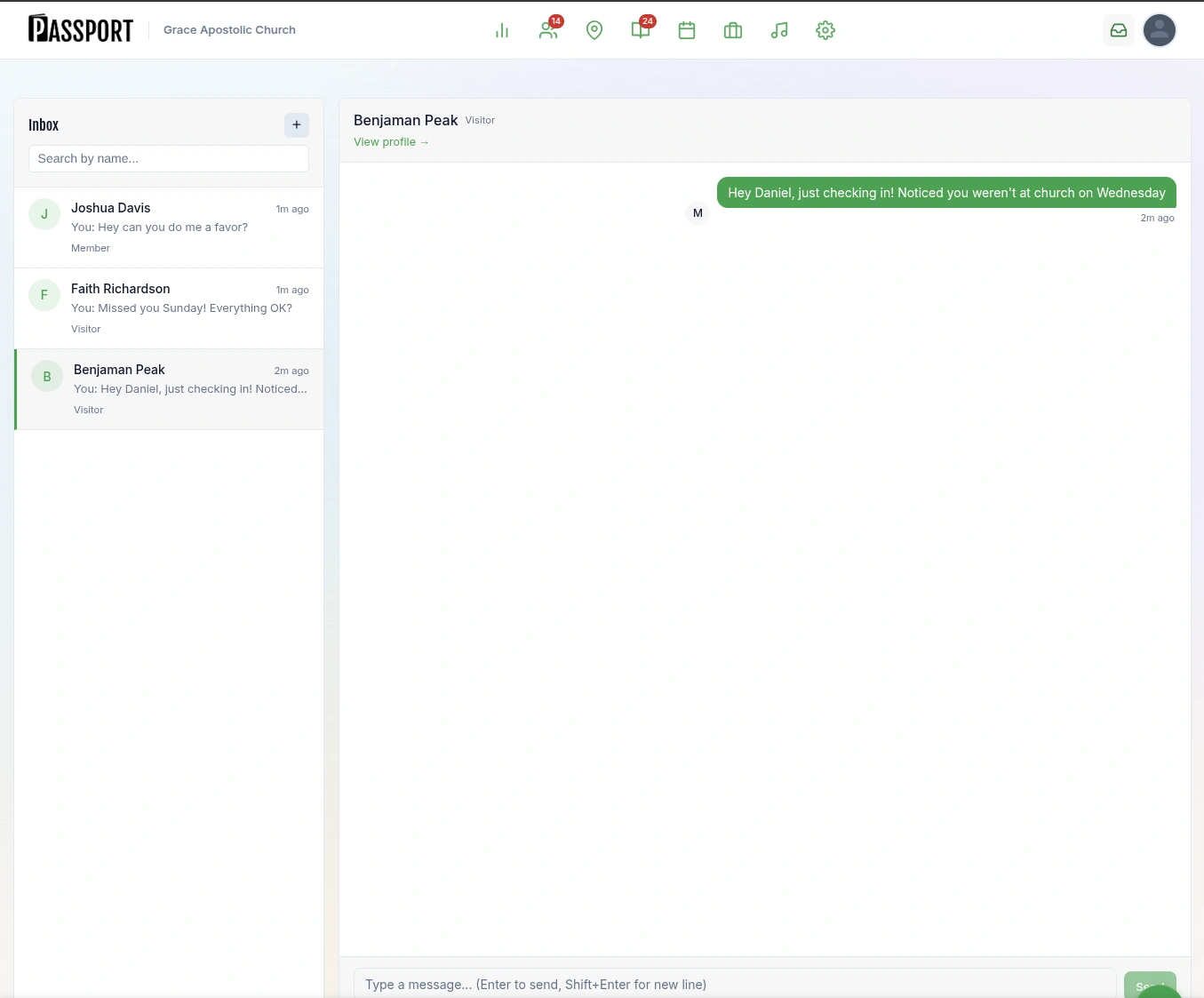 Inbox with direct messaging to visitors and members