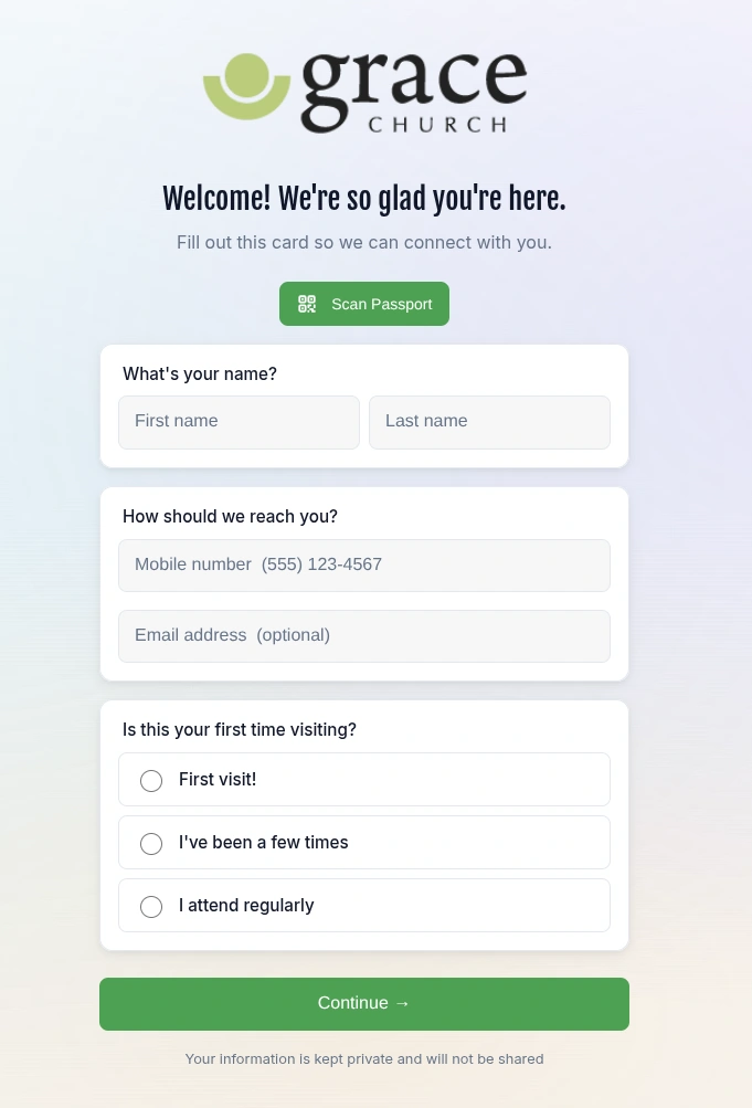 Passport digital connection card asking a guest’s name, mobile number and whether it is their first visit