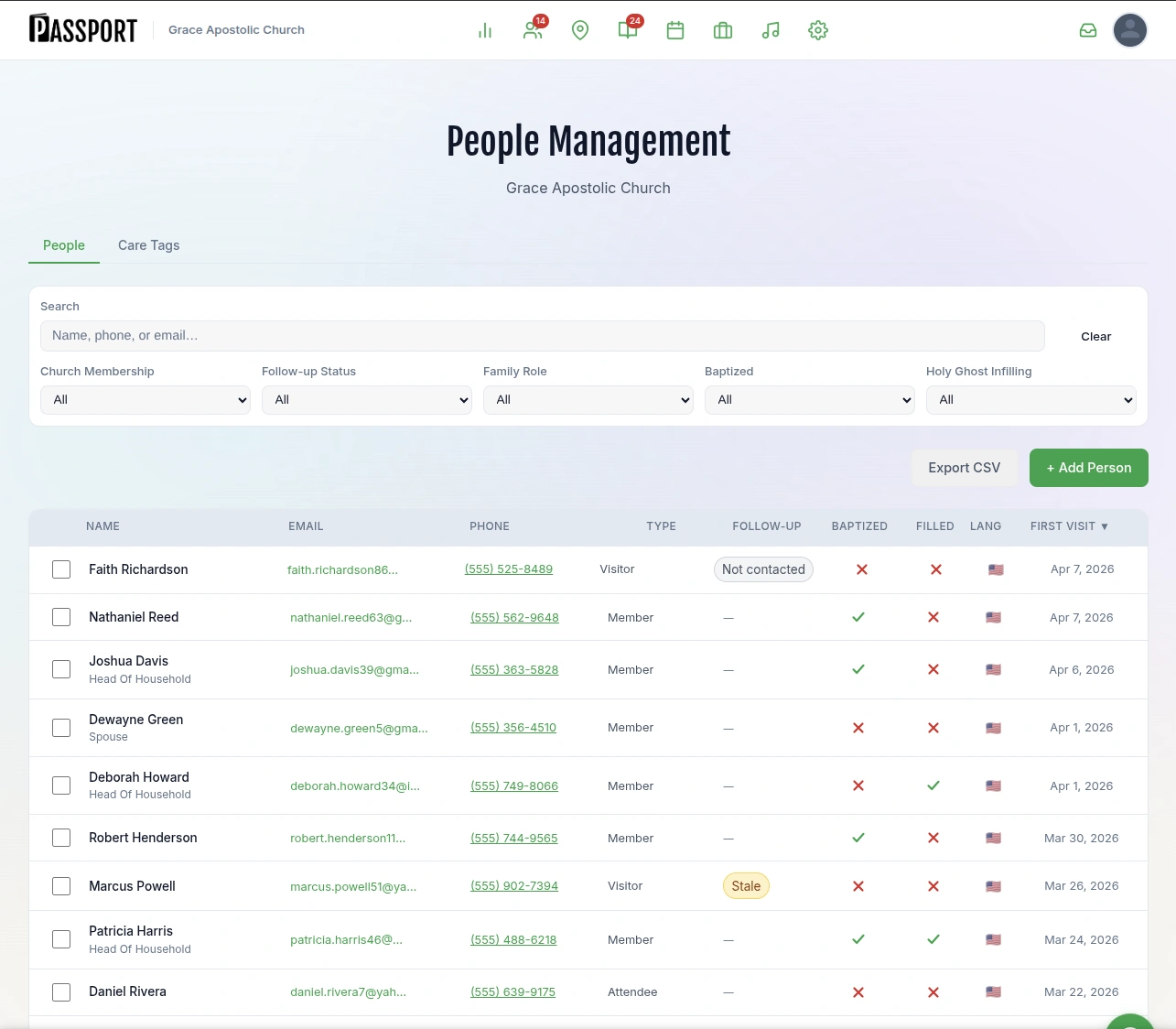 People management view with filters, follow-up status, and member list