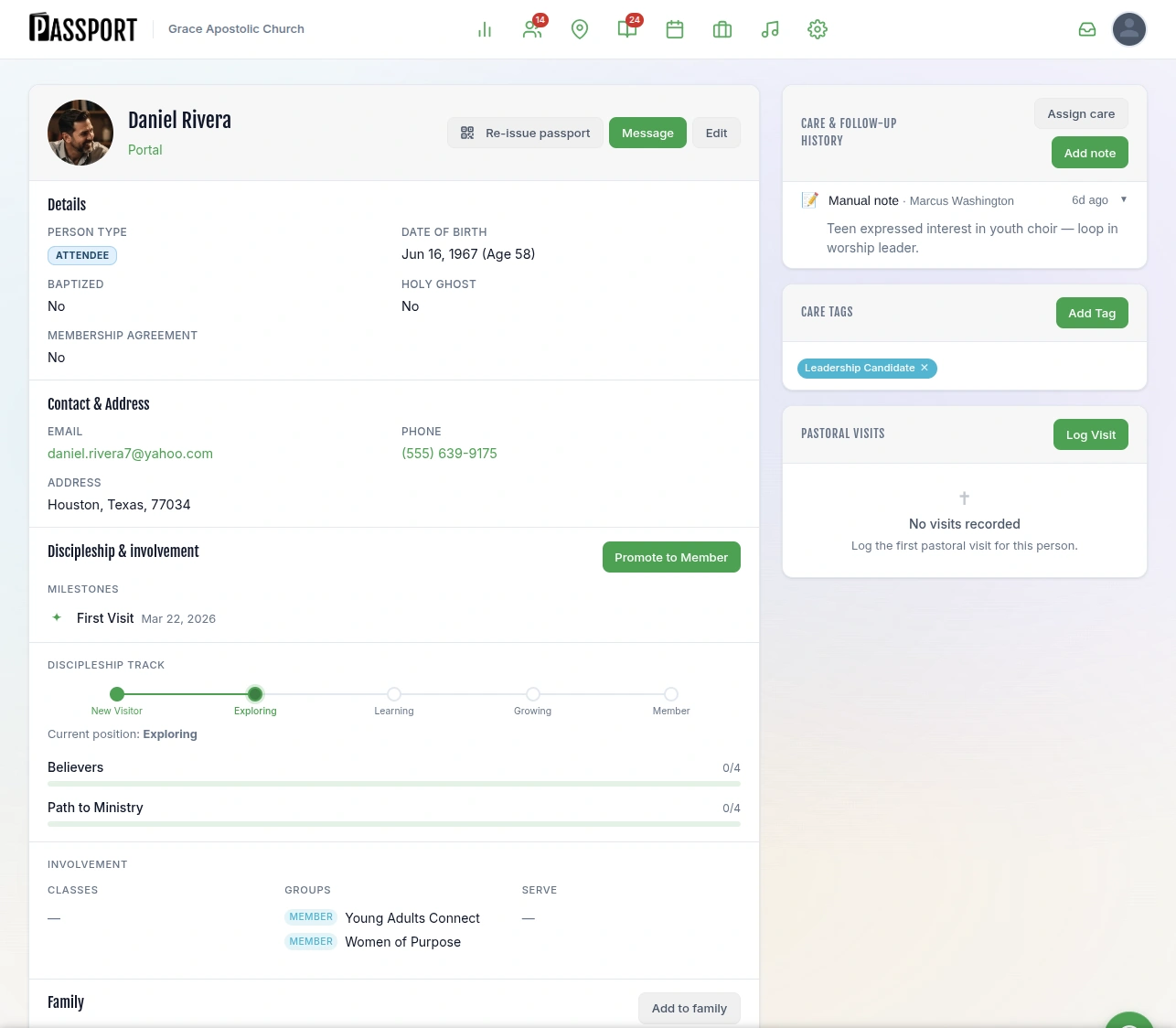 Individual member profile showing milestones, groups, and contact info